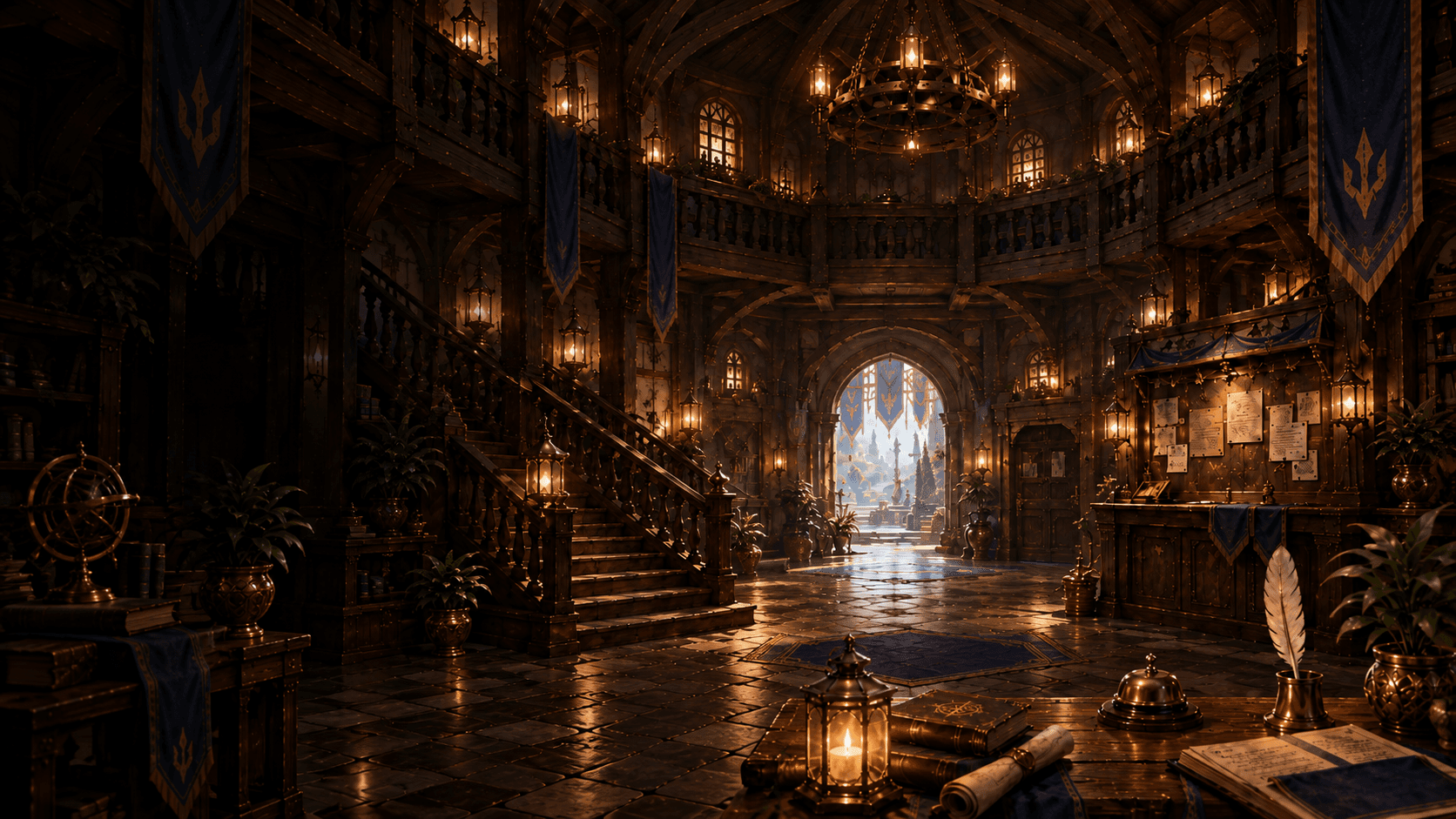 Illustrated medieval guild hall with a reception desk